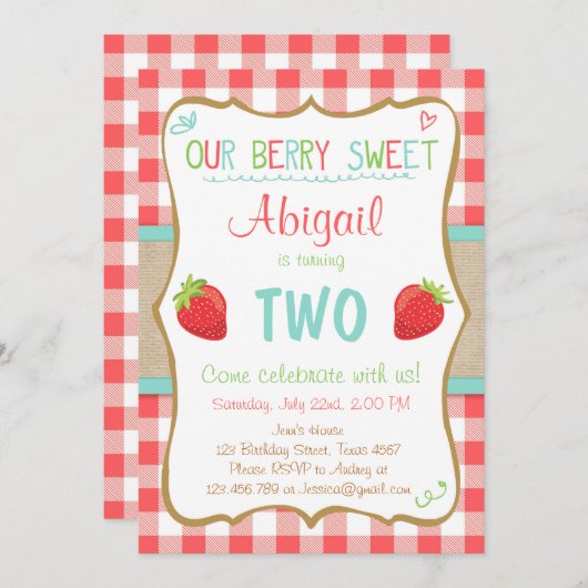 いちごの誕生日の招待状の夏のパーティガール 招待状 (正面/裏面)