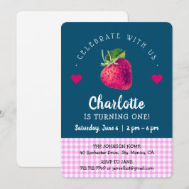 いちごの誕生日ガール ブルー グリーン ピンク チェック サンキューカード