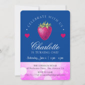 いちごの誕生日パーティーの女の子 ピンクとダークブルー サンキューカード (正面)