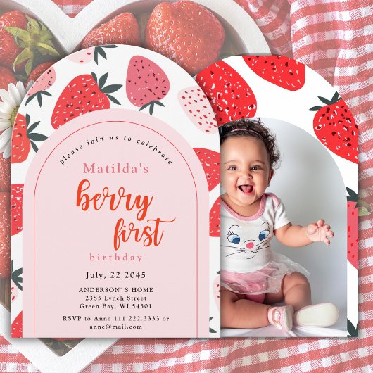 いちごの1歳のバースデー Photo Berry First Birthday 1st Strawb 招待状