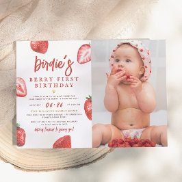 いちごの1歳の誕生日パーティーの女の子の写真 招待状