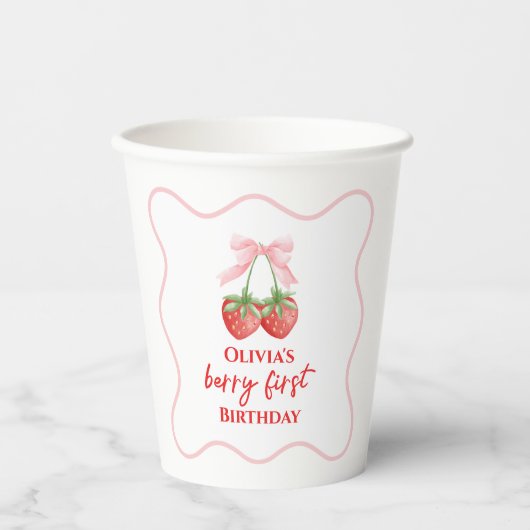 いちごの1歳の誕生日 ピンクのリボン 紙コップ (正面)