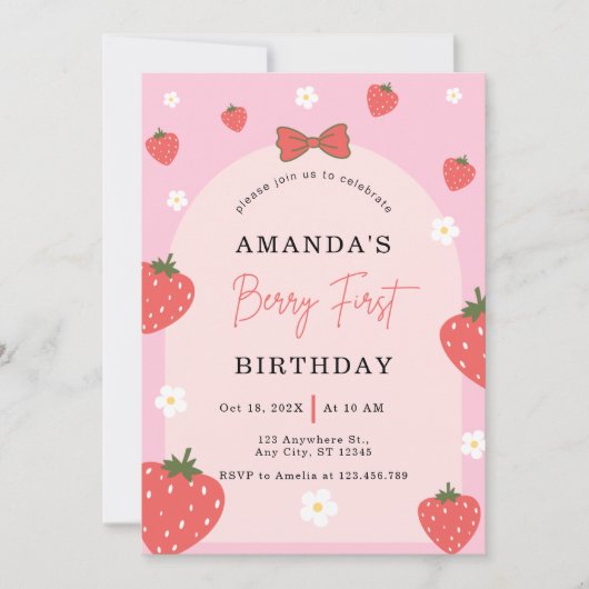 いちごの1歳の誕生日 招待状 (正面)