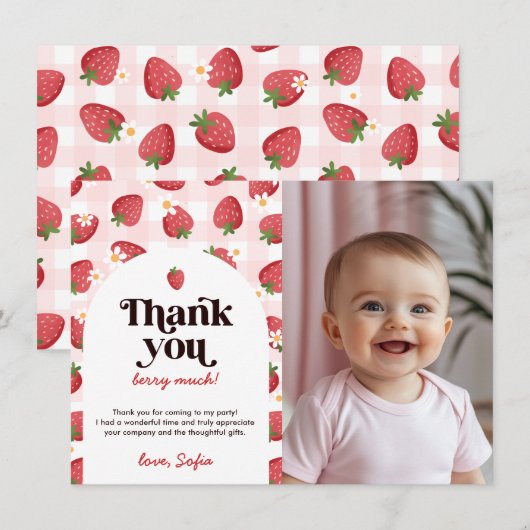 いちごの1歳誕生日感謝カード 招待状 (正面/裏面)