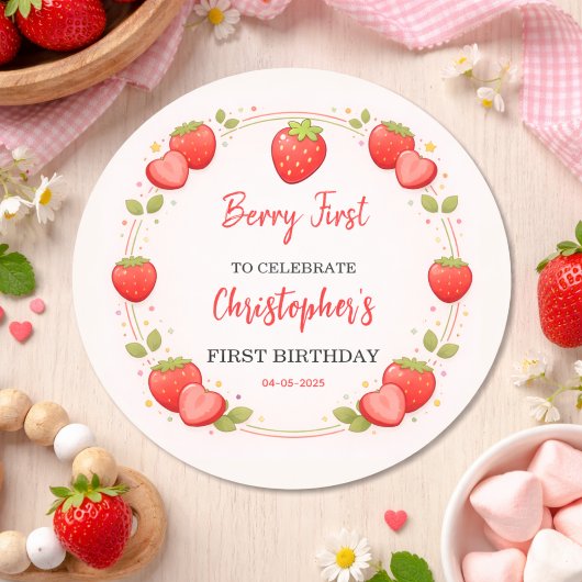 いちごの1歳誕生日 | ストロベリー 1st 誕生日 ラウンドシール