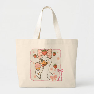 いちごアイスクリームのかわいいアヒル ラージトートバッグ