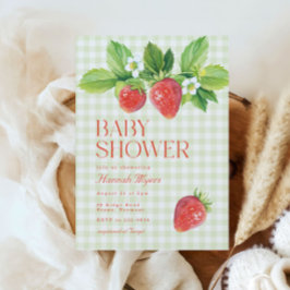 いちごエレガントグリーンジンガム赤ちゃんシャワー 招待状