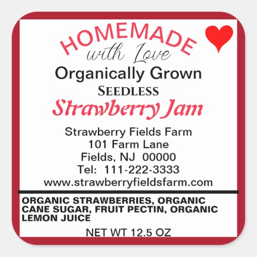 いちごオーガニックジャム自家製の名前 スクエアシール (正面)