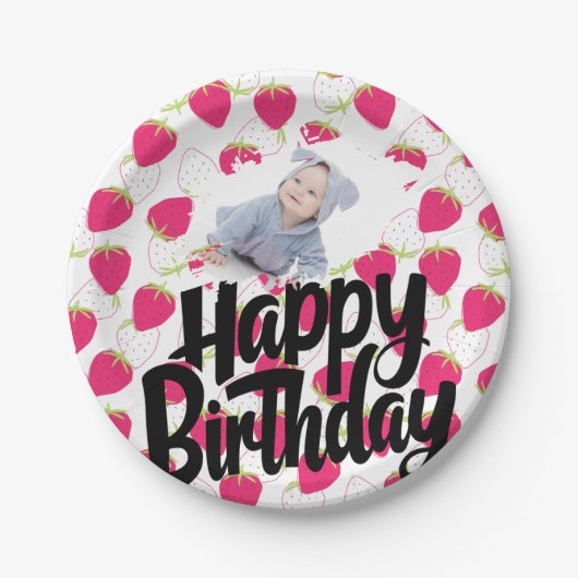 いちごカスタマイズのパターンハッピーバースデー ペーパープレート (正面)