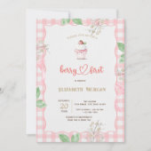 いちごカップケーキフレームプレイドベビーシャワー 招待状 (正面)