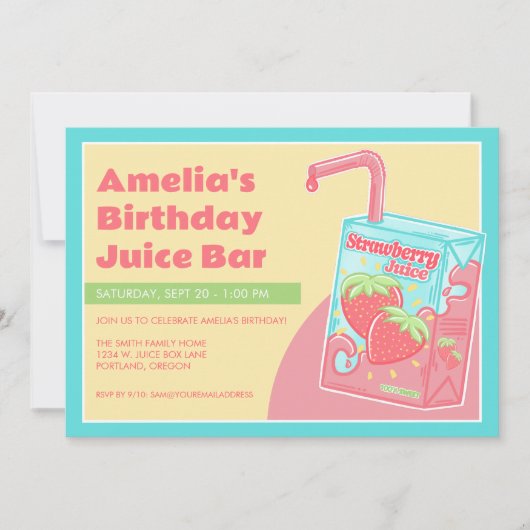 いちごジュースの箱の誕生日パーティー 招待状 (正面)