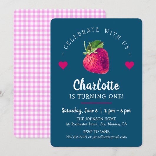 いちごハートの誕生日ガール 青緑色 サンキューカード (正面/裏面)