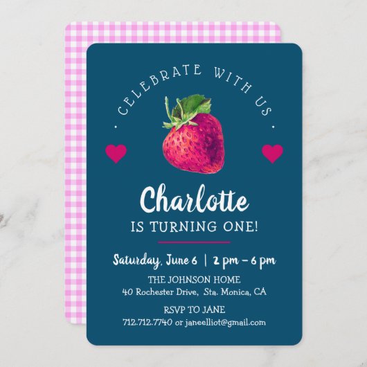 いちごハートの誕生日ガール 青緑 サンキューカード (正面/裏面)