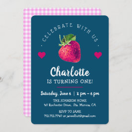 いちごハートの誕生日ガール 青緑 サンキューカード