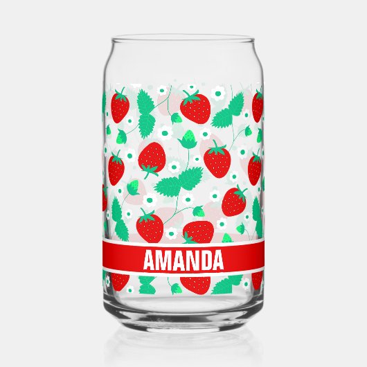 いちごパーソナライズされたとデイジーの花が可愛い ガラス缶 (正面)