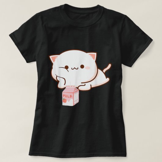 いちごミルクのかわいい猫 Tシャツ (デザイン正面)