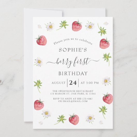 いちごモダンスイートベリーファースト誕生日 招待状 (正面)