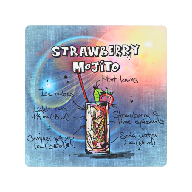 いちごレシピもじとう(12個の飲み物セットの#11) メタルプリント (正面)