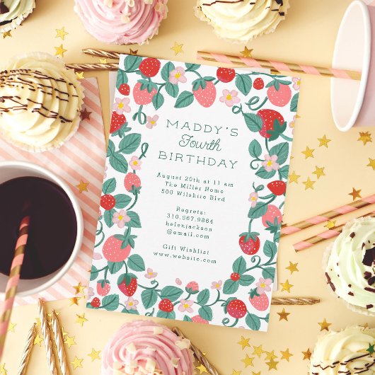 いちご図解入りの、写真付きのベリースウィートバースデーパーティー 招待状