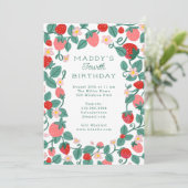 いちご図解入りの、写真付きのベリースウィートバースデーパーティー 招待状 (スタンド正面)