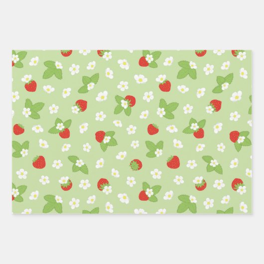 いちご果実フローラ赤グリーン模様 ラッピングペーパーシート (正面3)