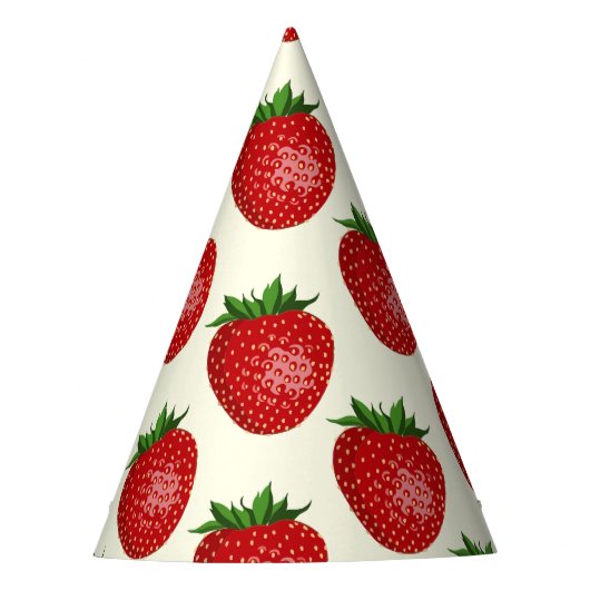 いちご柄、赤いちご、果物、葉 パーティーハット (正面)