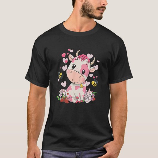 いちご牛、かわいい牛、ピンクの牛ペット v2 tシャツ (正面)