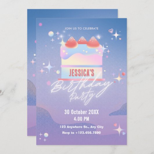 いちご白熱［赤熱］光を放つケーキ誕生日 招待状 (正面/裏面)