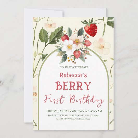 いちご素朴テーマベリーファースト誕生日 招待状 (正面)