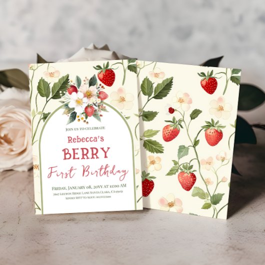 いちご素朴テーマベリーファースト誕生日 招待状