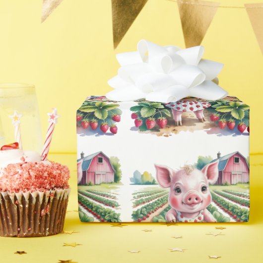 いちご農園の豚の女の子1歳の誕生日パーティー ラッピングペーパー (誕生日パーティー)