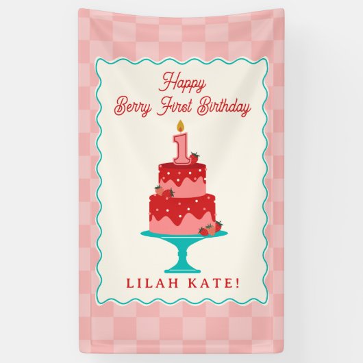 いちご1日の誕生日ケーキ市松模様に 横断幕 (縦)