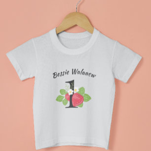 いちご1最初の誕生日ベビー名水色 ベビーTシャツ