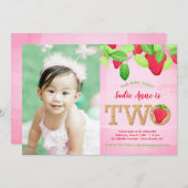 いちご2歳の誕生日ピンク水彩写真 招待状 (正面/裏面)