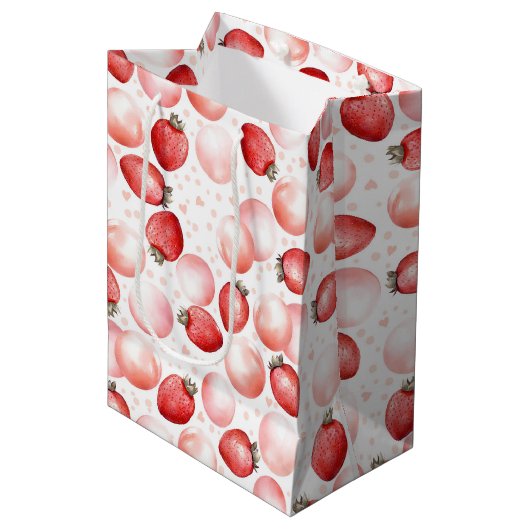 いちご と ピンクの風船 かわいい 夏のプレゼント ミディアムペーパーバッグ (正面アングル)