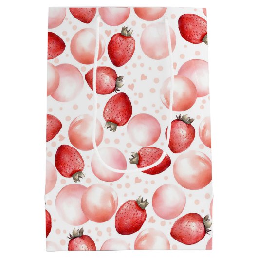 いちご と ピンクの風船 かわいい 夏のプレゼント ミディアムペーパーバッグ (裏面)