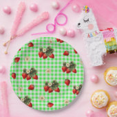 いちご と 緑のギンガムの かわいい 紙皿 (パーティー)