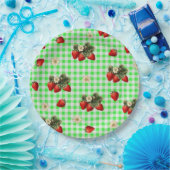 いちご と 緑の ギンガム おしゃれな 紙皿 (パーティー)