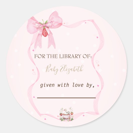 いちご、ガチョウ、弓フレーム水玉 赤ちゃんのお披露目パーティー ラウンドシール (正面)