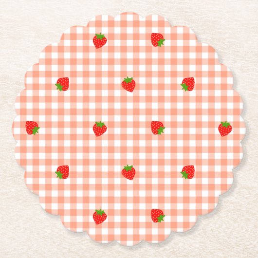 いちご＆ギンガムチェック（サーモンピンク） ペーパーコースター (正面)