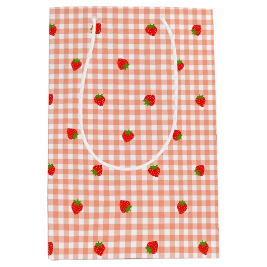 いちご＆ギンガムチェック（サーモンピンク）   ミディアムペーパーバッグ (正面)