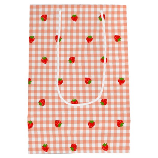 いちご＆ギンガムチェック（サーモンピンク）   ミディアムペーパーバッグ (裏面)