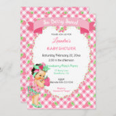 いちご テーマの赤ちゃん女の子 ギンガム ピンク ミント 招待状 (正面/裏面)