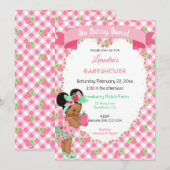 いちご テーマの 赤ちゃん 女の子 ギンガム ピンク ミント 招待状 (正面/裏面)