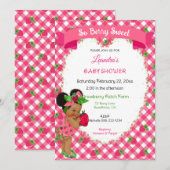 いちご テーマの 赤ちゃん 女の子 ギンガム ピンク 緑 招待状 (正面/裏面)