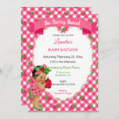 いちご テーマの 赤ちゃん 女の子 ギンガム ピンク 緑 招待状 (正面/裏面)
