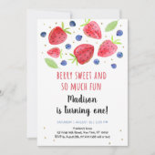 いちご ブルーベリー 水彩 1歳の誕生日 招待状 (正面)