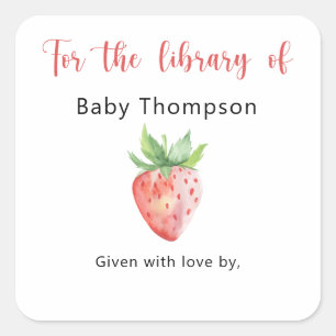 いちご - ベビーシャワーのためのブックプレート、赤ちゃんのための本 スクエアシール