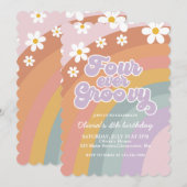 いつだってグルービー レトロ レインボー 4歳の誕生日 招待状 (正面/裏面)