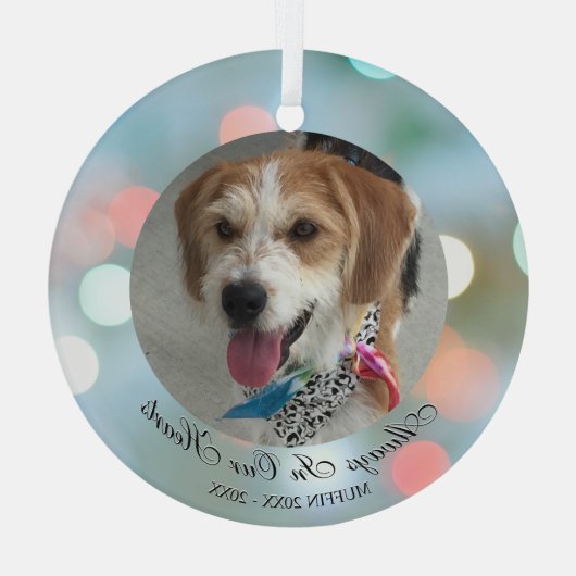 いつだって心の中に、ペットの名前と日付の写真 黒い文字 ガラスオーナメント (裏面)